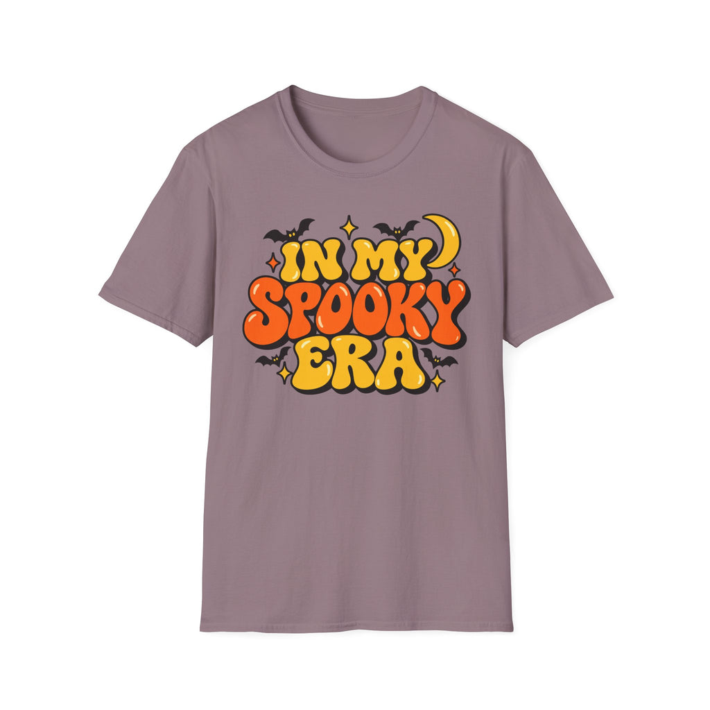 Light mauve gray Halloween graphic T-shirt with orange and yellow bubble lettering