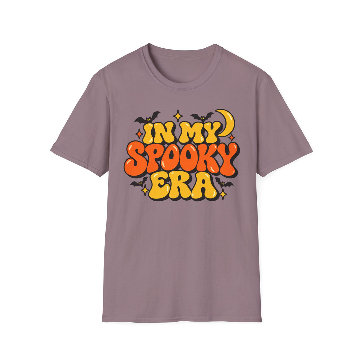 Light mauve gray Halloween graphic T-shirt with orange and yellow bubble lettering