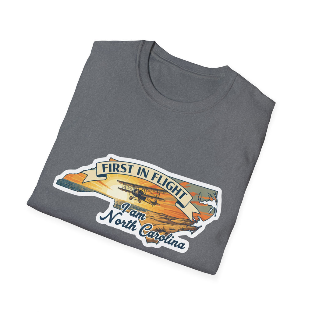 Heather gray T-shirt with “First in Flight” plane and North Carolina graphic