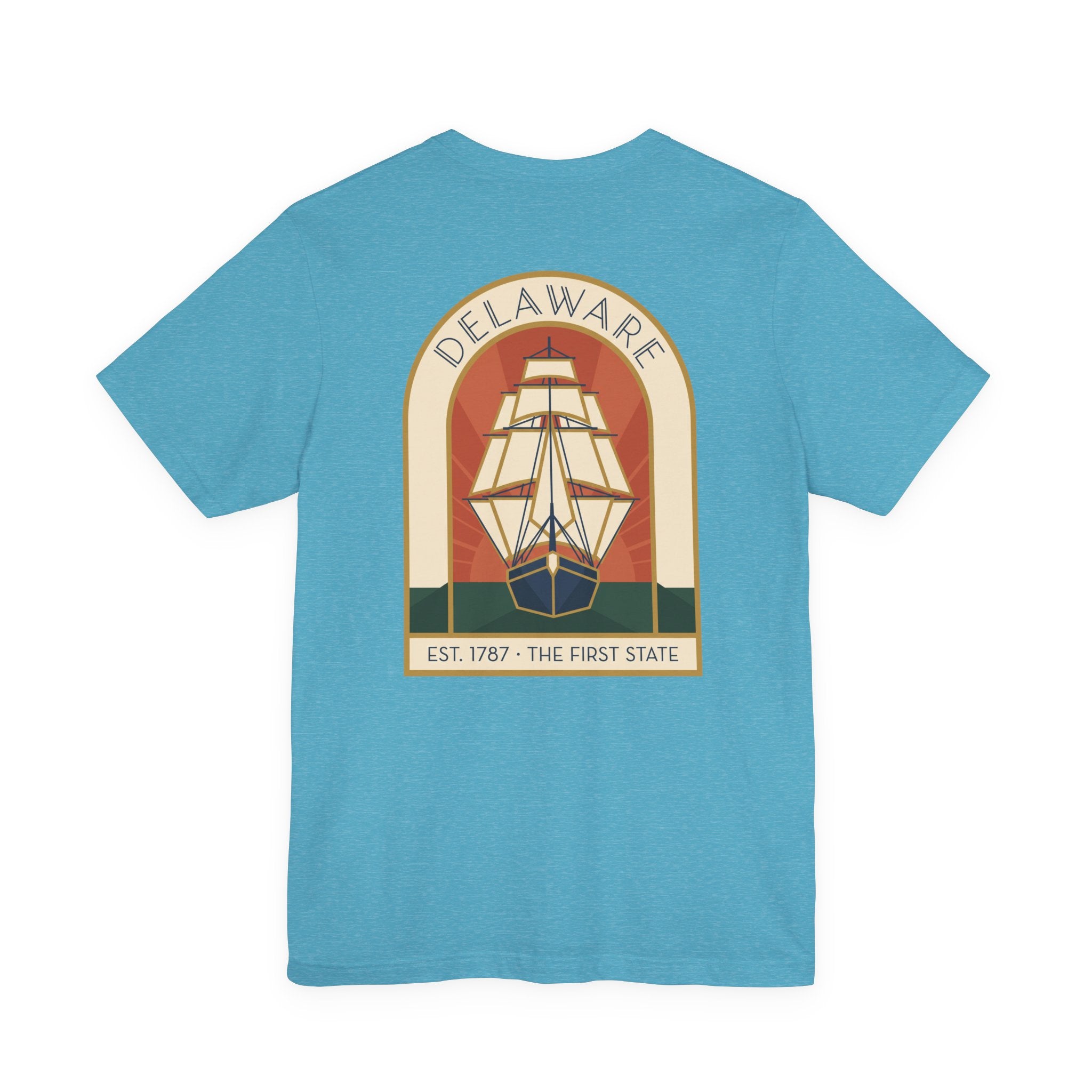 Turquoise t-shirt with large back graphic of a sailing ship inside a badge