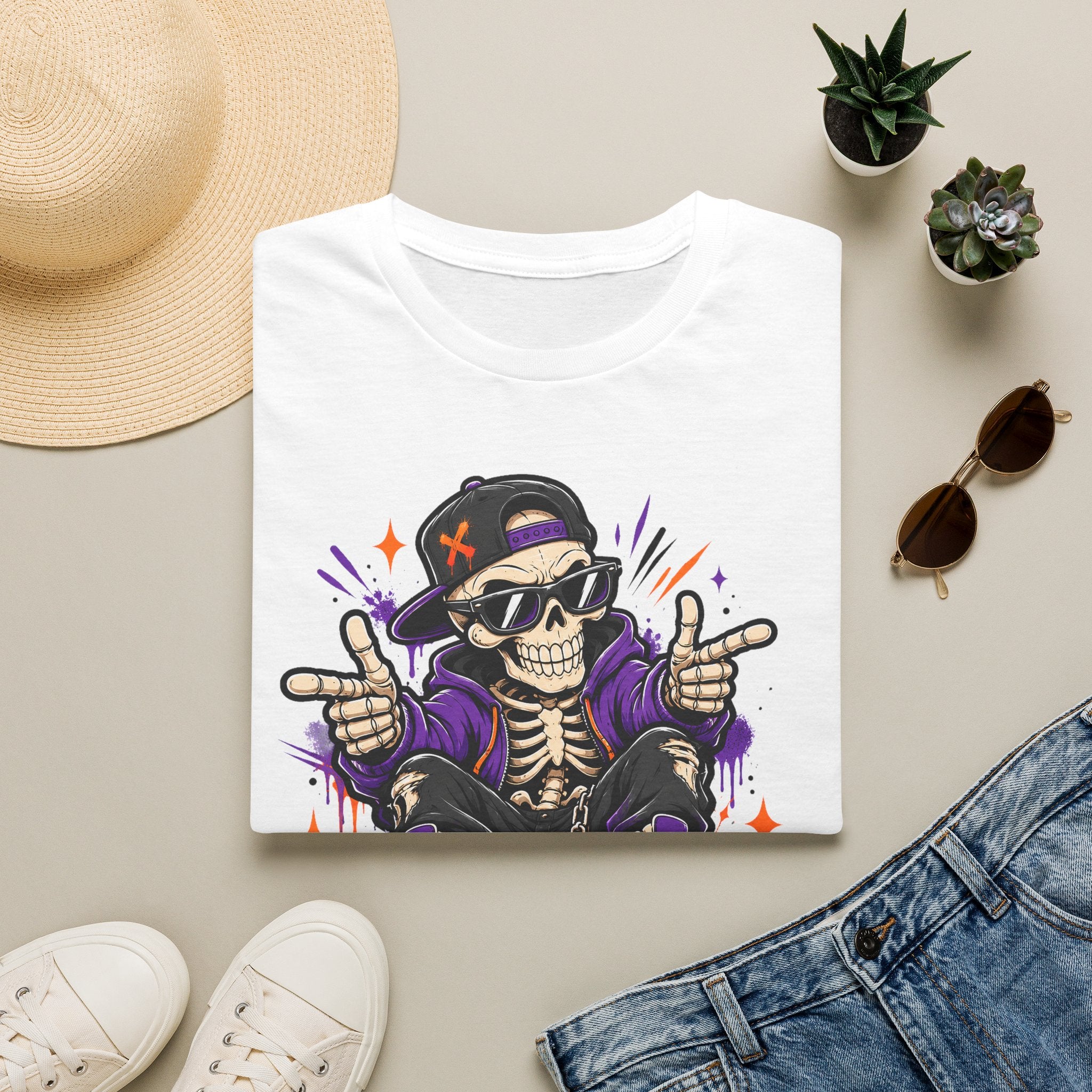 White Skeleton DJ T-shirt with skull DJ graphic wearing headphones and purple handsign print