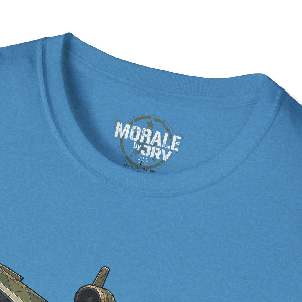 Light blue T-shirt neckline with 'Morale by TVR' logo.