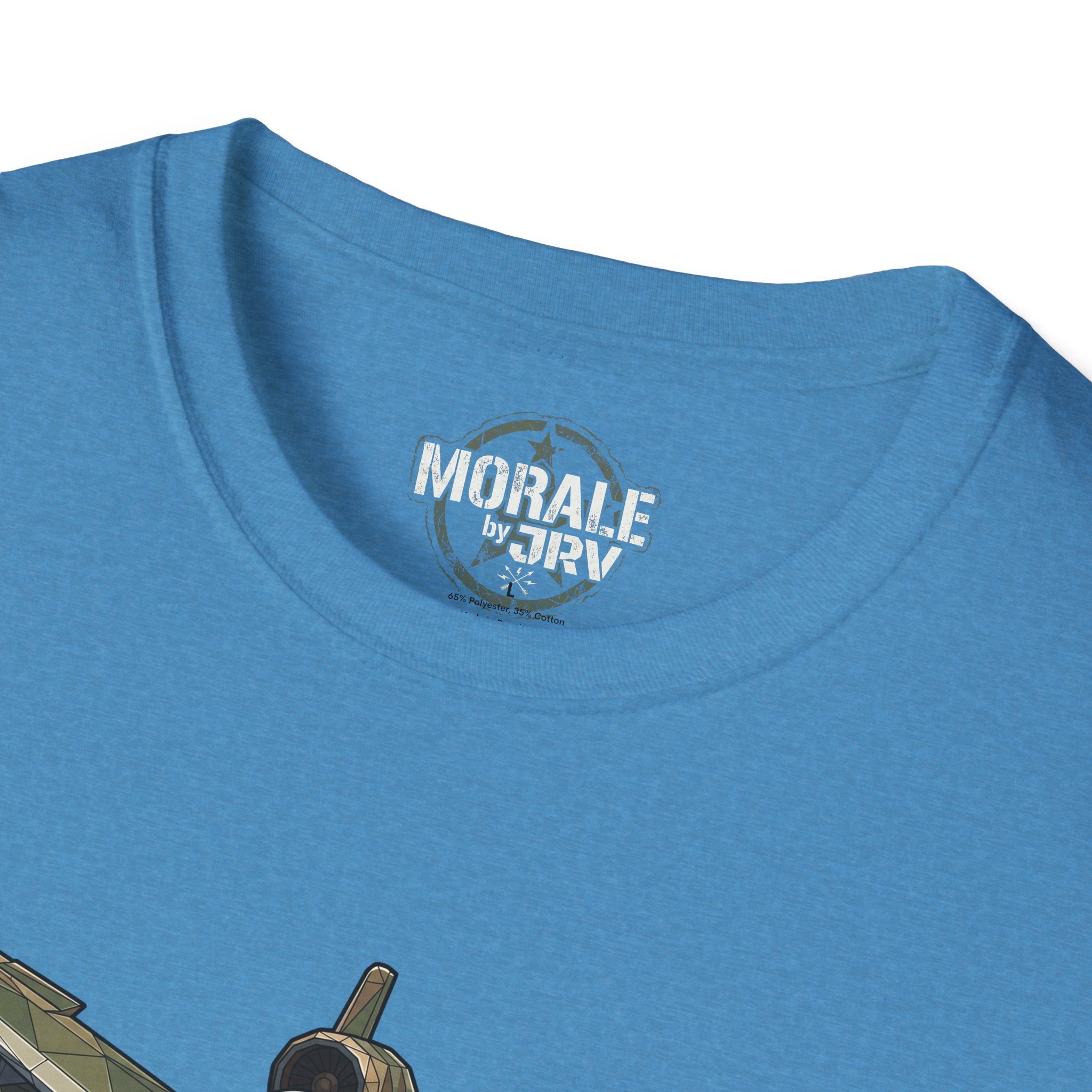 Light blue T-shirt neckline with 'Morale by TVR' logo.