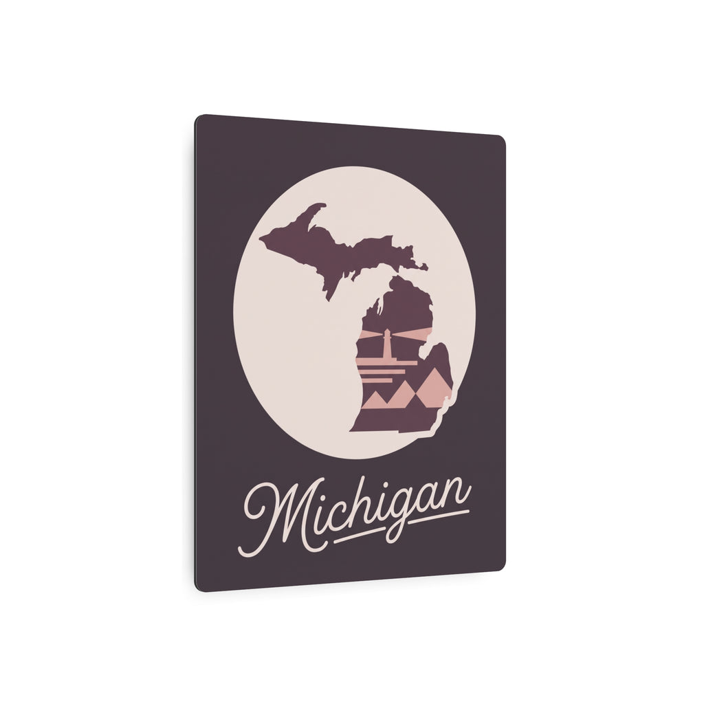 Mauve metal wall art plaque with pale circle Michigan silhouette and 'Michigan' script