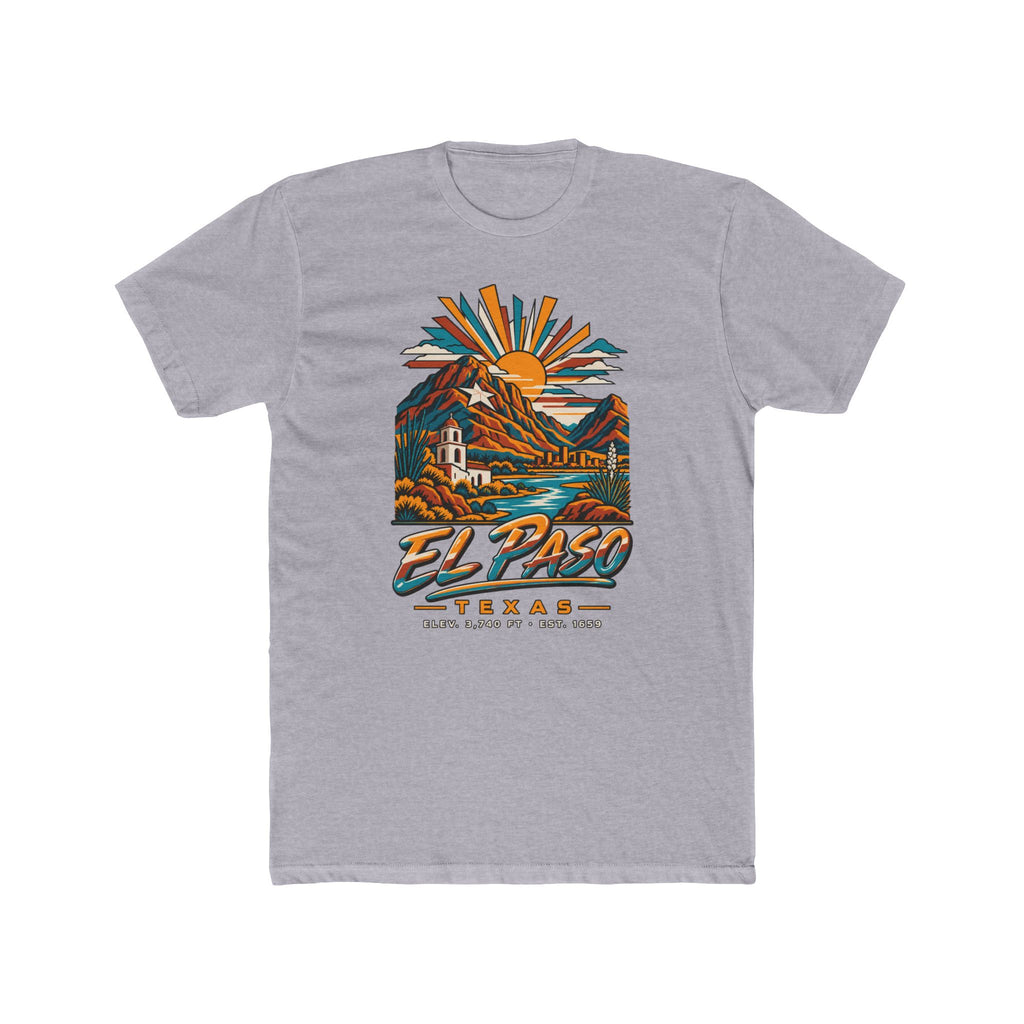 Heather gray El Paso Texas graphic T-shirt with desert mountains and sunrise artwork