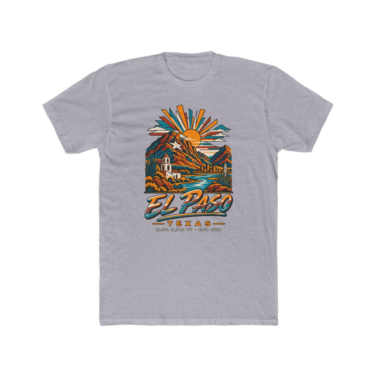 Heather gray El Paso Texas graphic T-shirt with desert mountains and sunrise artwork