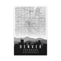 Denver skyline map canvas showing road lines, “DENVER COLORADO” and coordinates beneath.