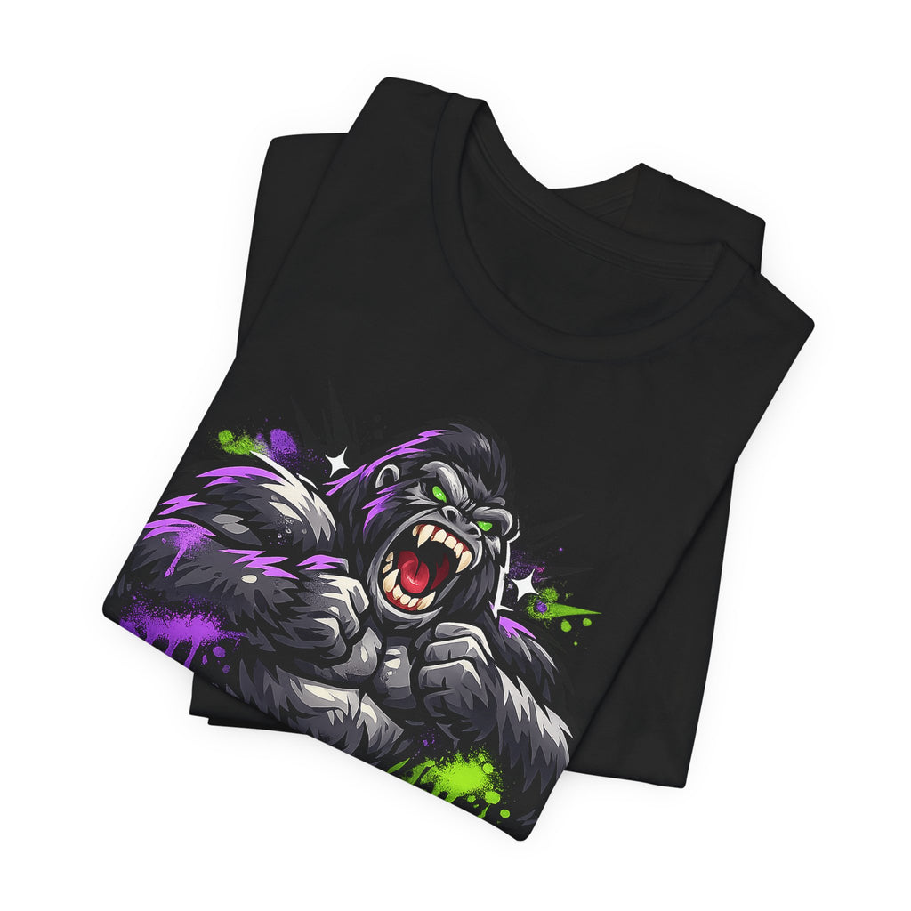 Black graphic gorilla roaring face T-shirt with purple and green neon splatter