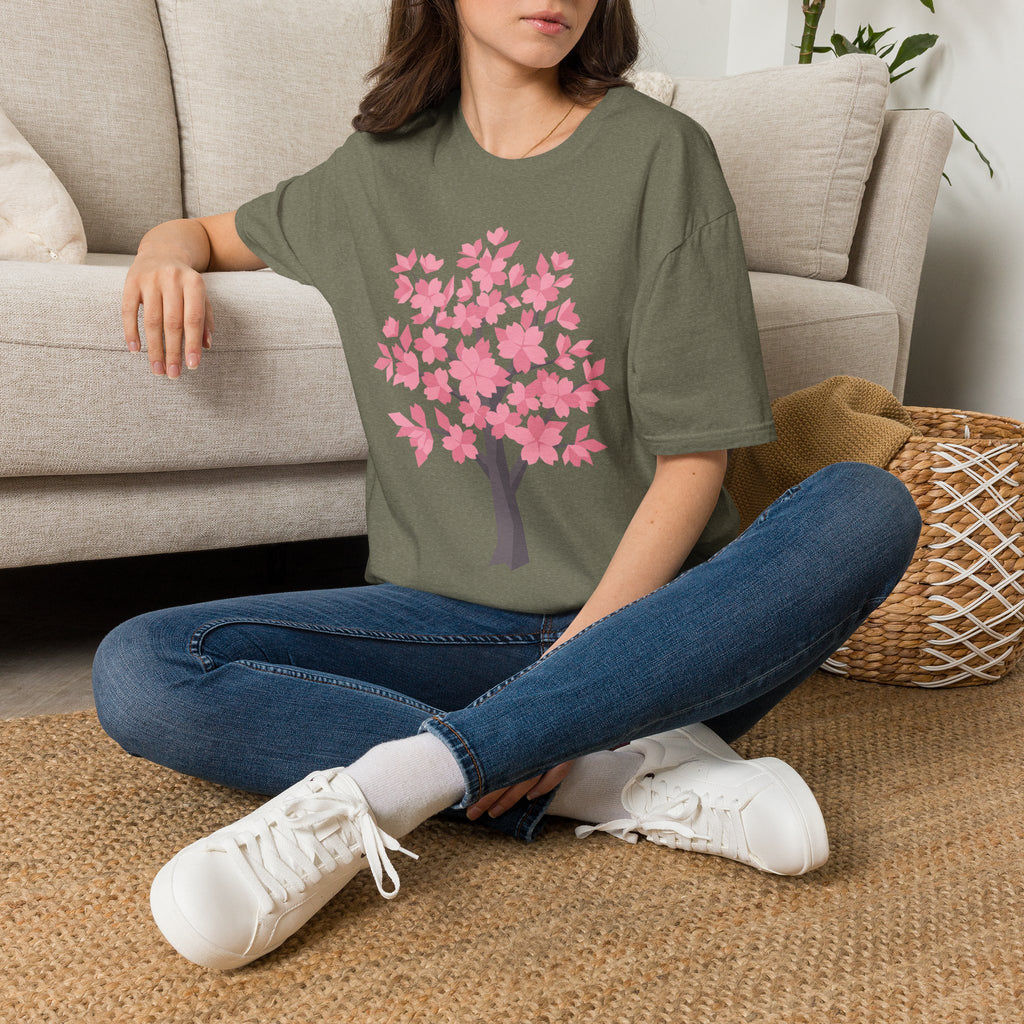 Unisex olive green T-shirt with pink cherry blossom tree graphic on the front