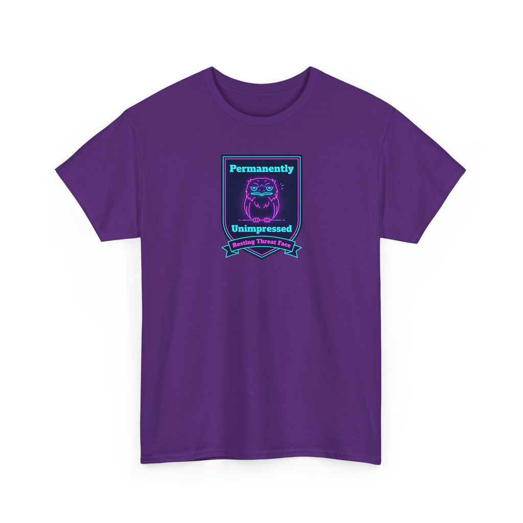 Purple crewneck tee with “Permanently Unimpressed” robot badge graphic on front.