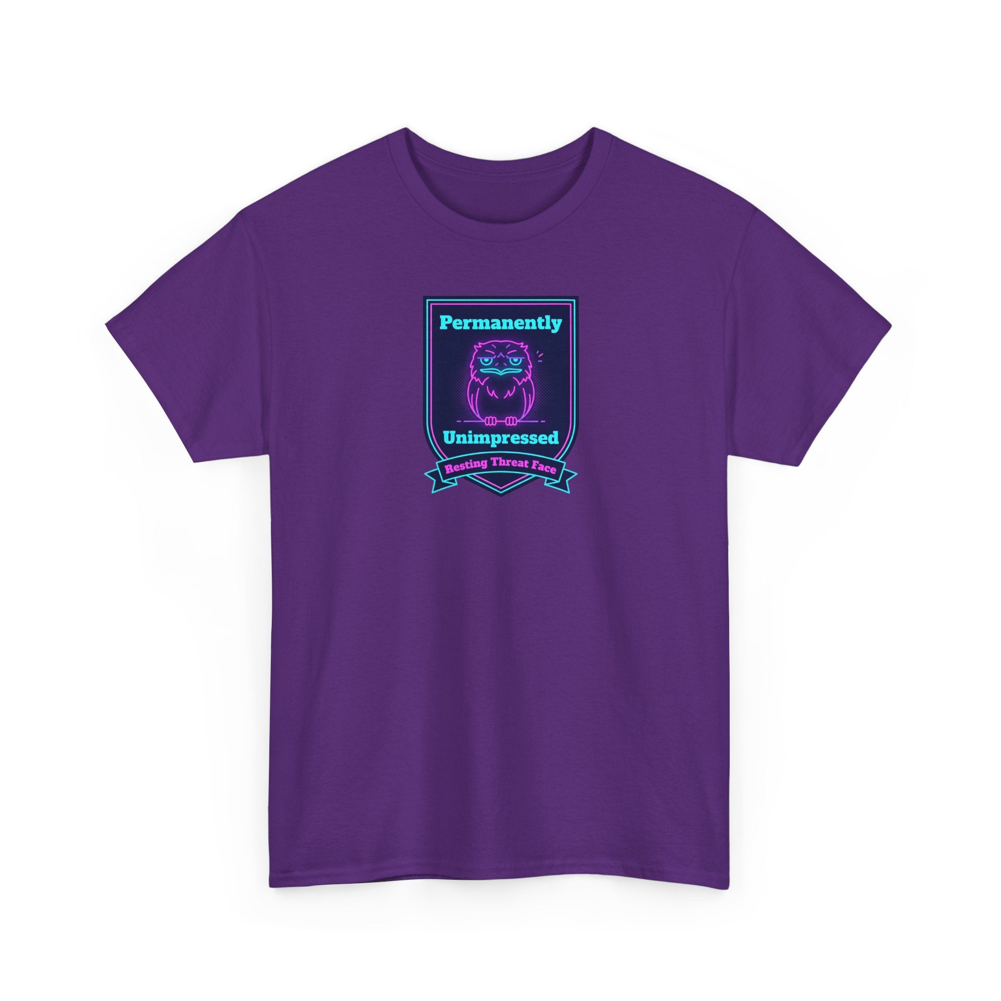 Purple crewneck tee with “Permanently Unimpressed” robot badge graphic on front.