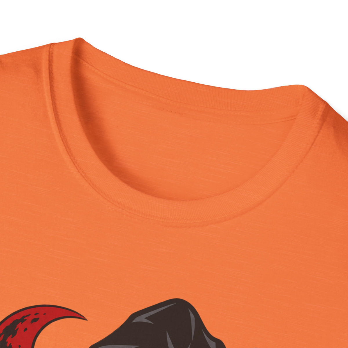 Orange crew-neck T-shirt with partial witch face graphic print near hem