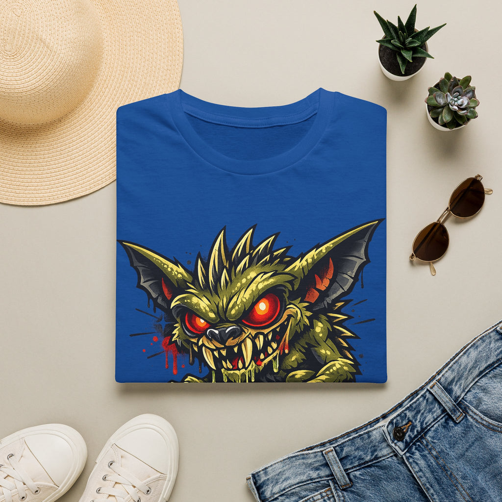 Royal blue unisex crewneck T-shirt featuring snarling skull graphic with red eyes