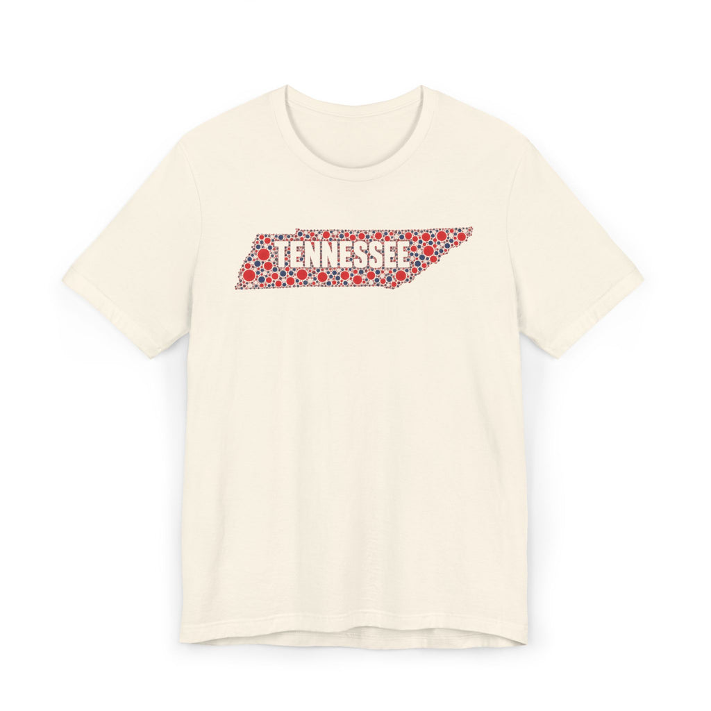 Cream t-shirt with colorful floral Tennessee state outline graphic across chest