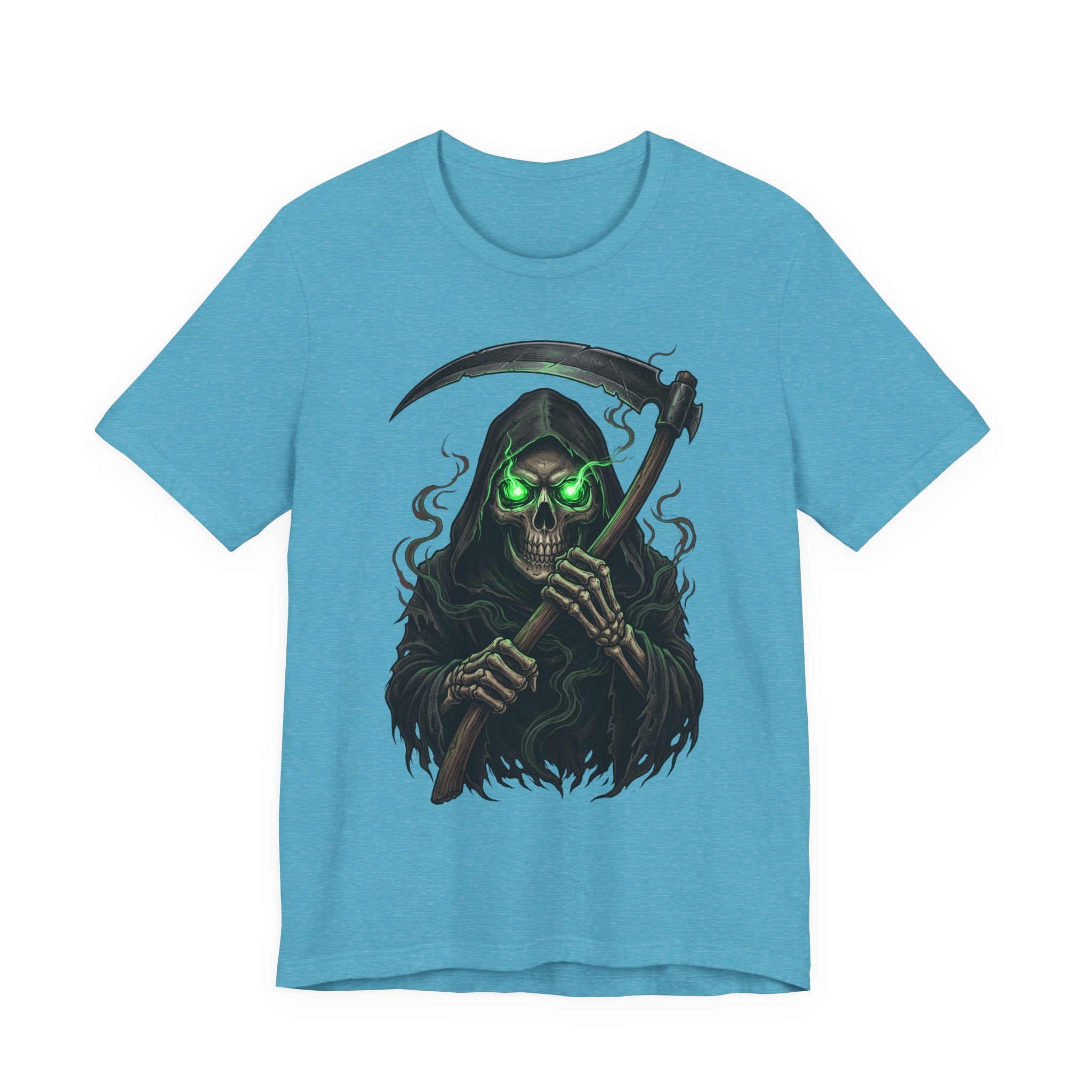 Heather aqua unisex T-shirt with glowing green skull grim reaper scythe graphic