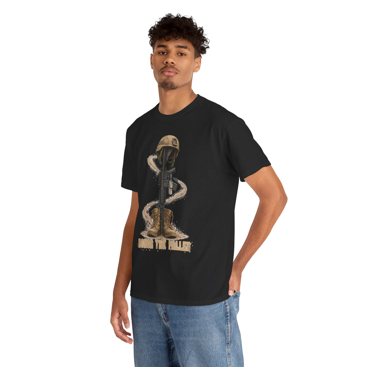 Black T-shirt worn by model with distressed soldier helmet and rifle front graphic