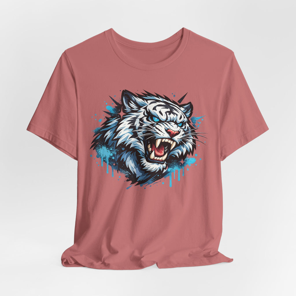 Dusty rose crew-neck T-shirt featuring roaring tiger head graphic with blue drip accents