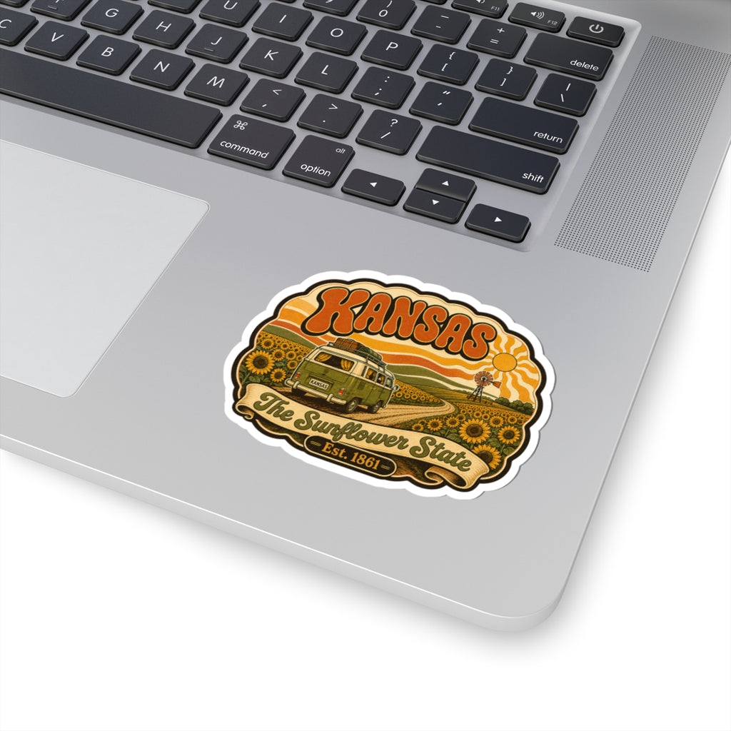 Kansas sunflower state die-cut sticker with green van, sunflowers, and retro lettering.