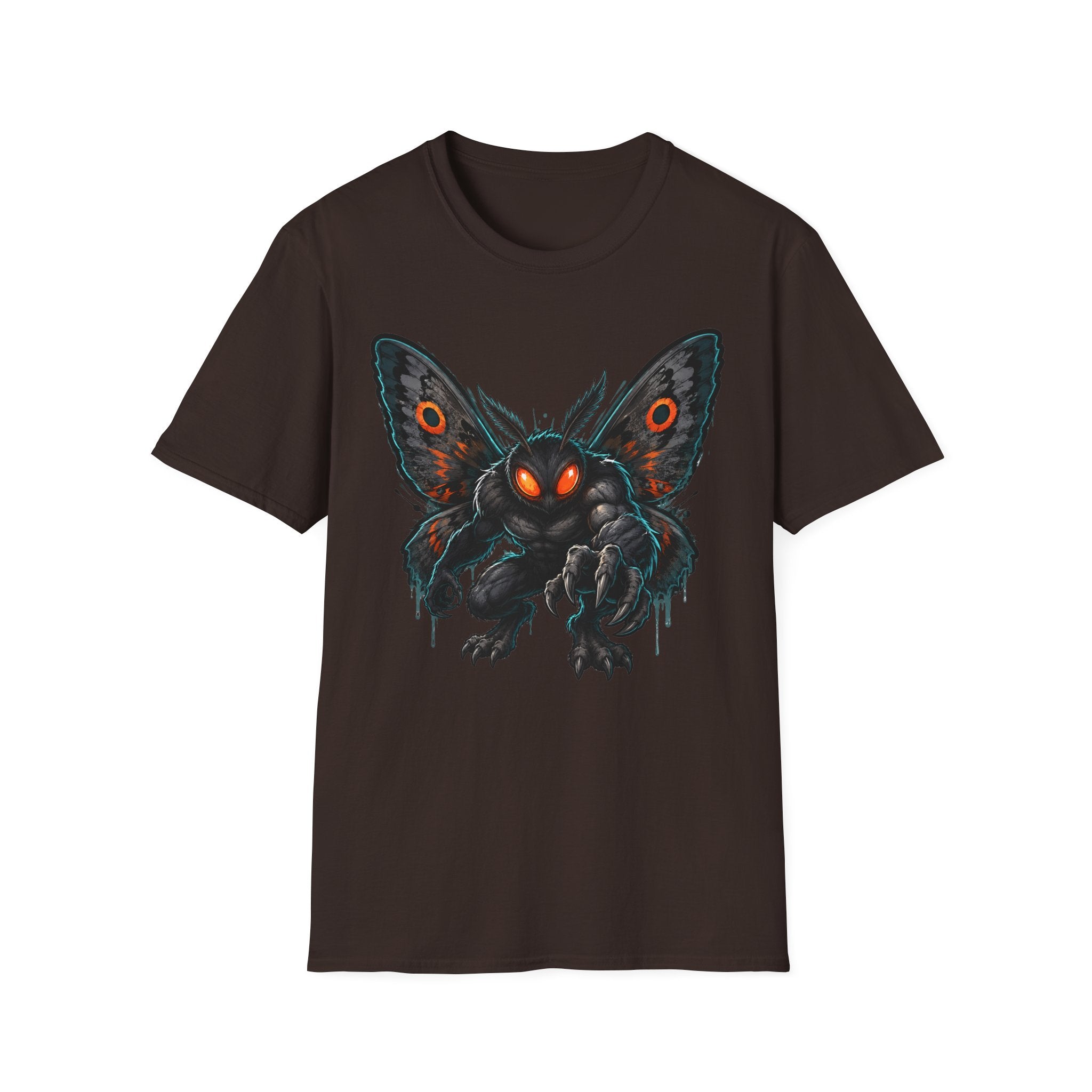 Dark brown crewneck T-shirt with glowing-eyed moth monster front graphic