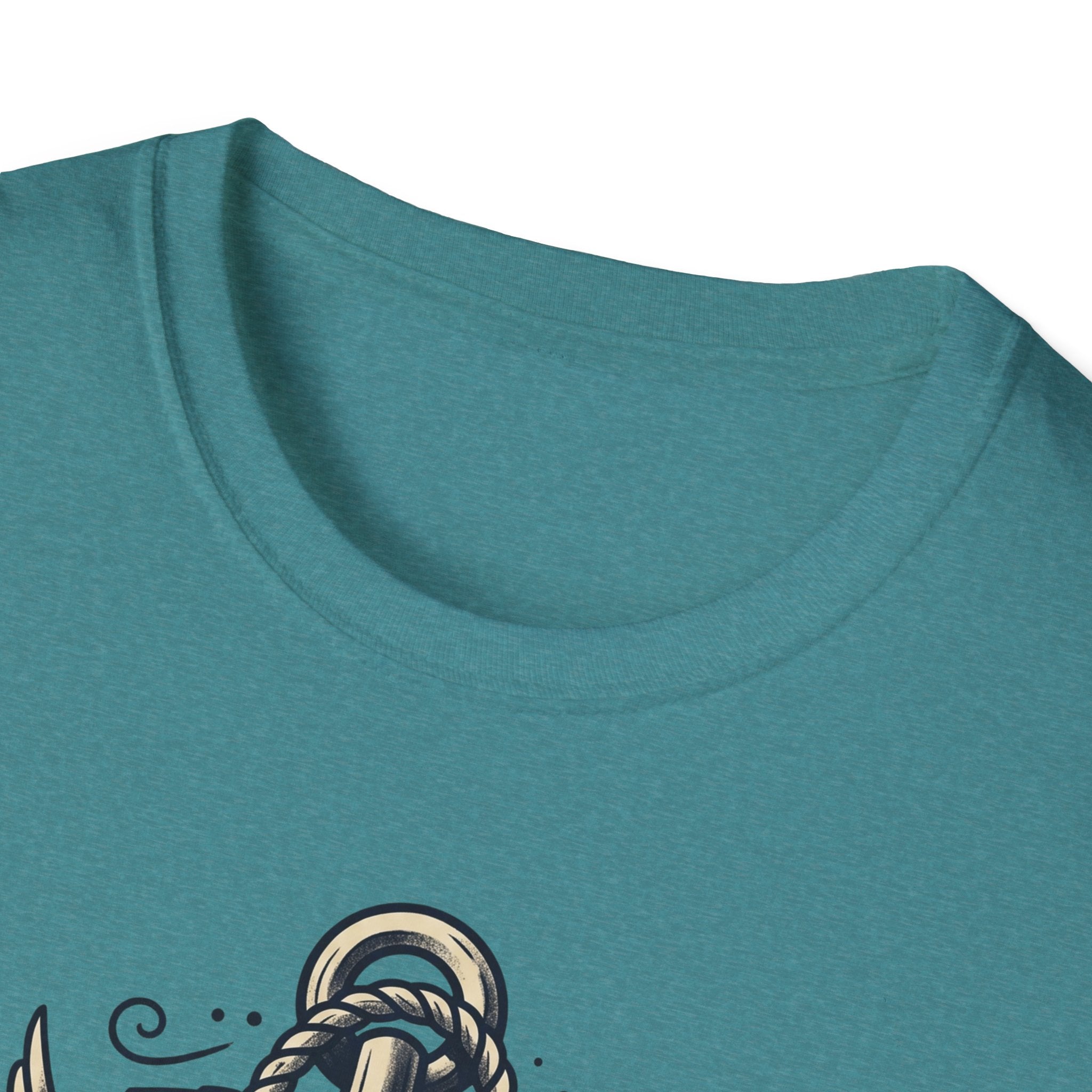 Heather Galapagos Blue crew-neck T-shirt, close-up of neckline