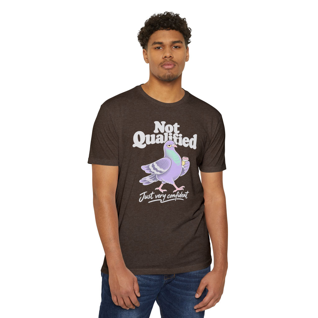 Brown crewneck T-shirt with pigeon graphic and 'Not Qualified' slogan on front