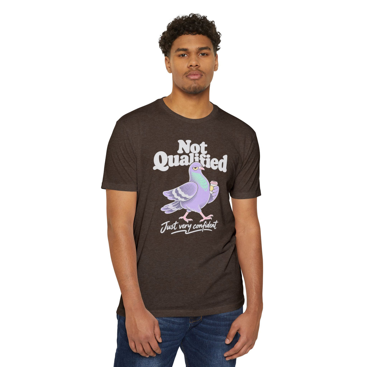 Brown crewneck T-shirt with pigeon graphic and 'Not Qualified' slogan on front