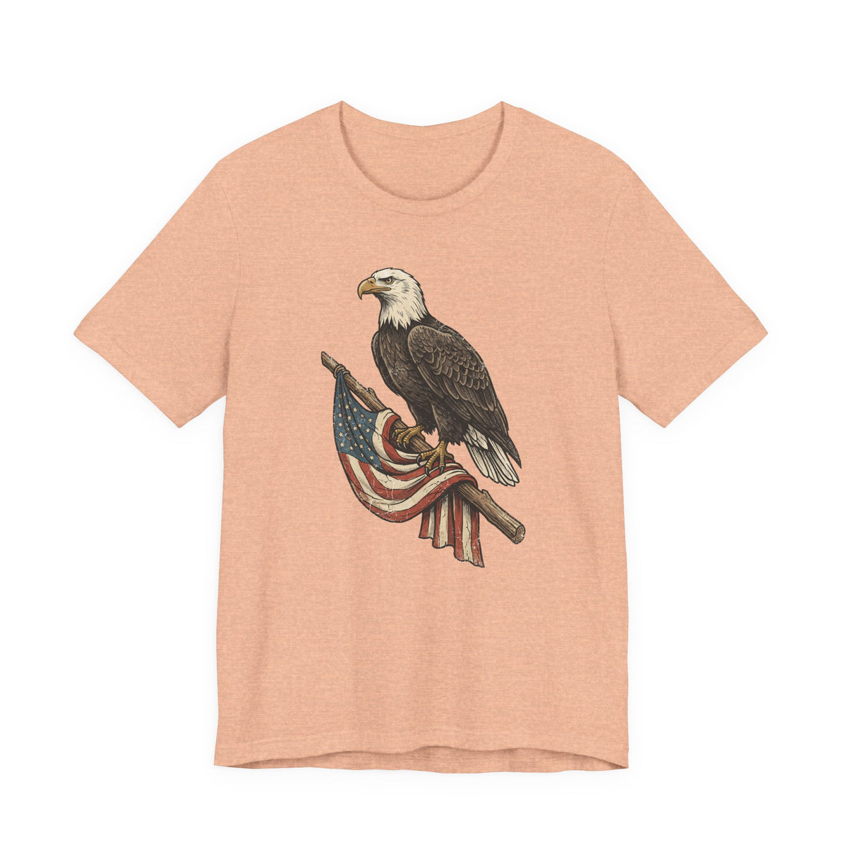 Heather peach crewneck T-shirt with patriotic bald eagle graphic and American flag stripes