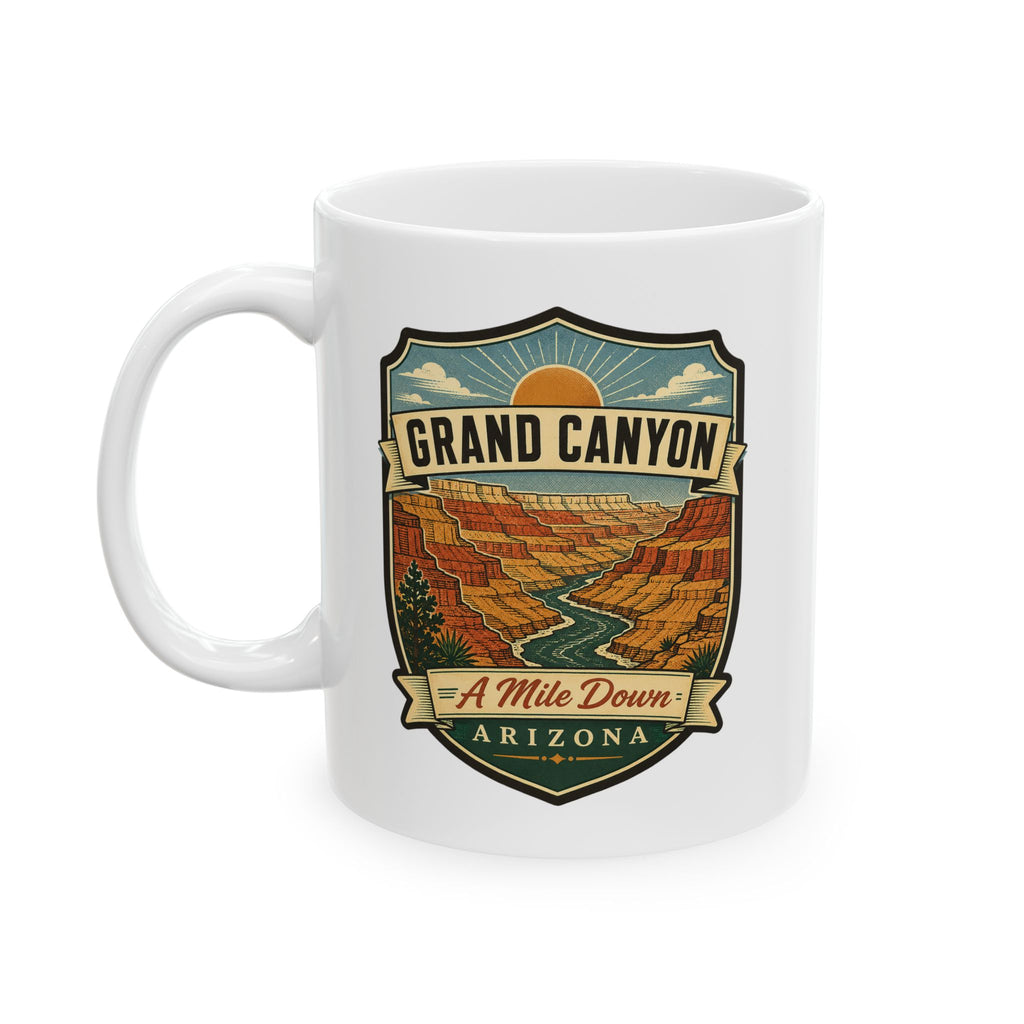 White ceramic mug with handle and Grand Canyon "A Mile Down" Arizona shield