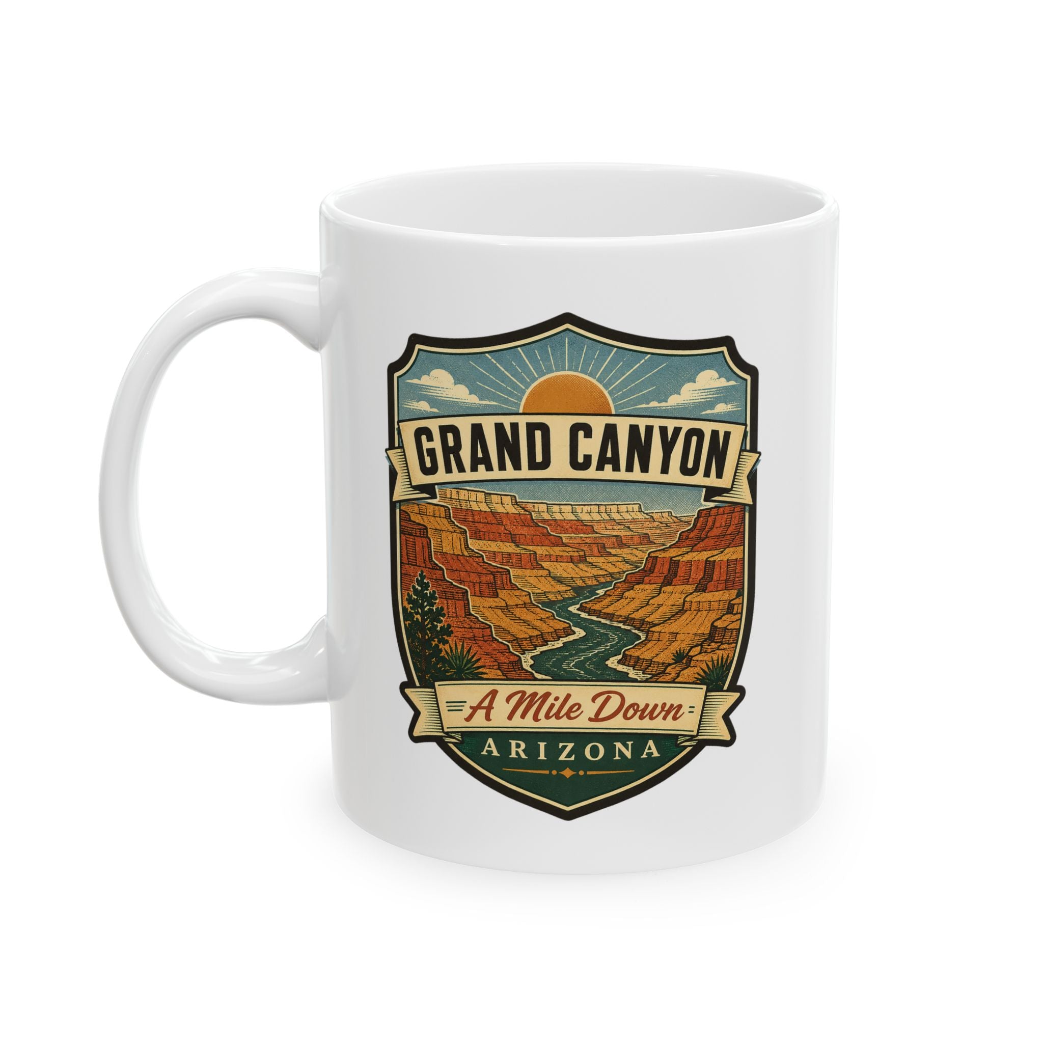 White ceramic mug with handle and Grand Canyon "A Mile Down" Arizona shield