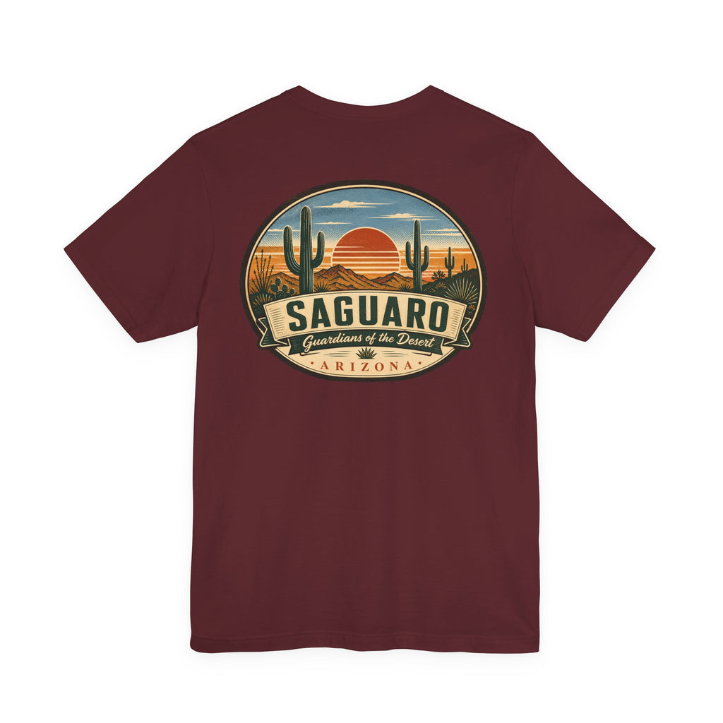 Saguaro desert graphic T-shirt in dark maroon, front chest logo with saguaro cactus and sun