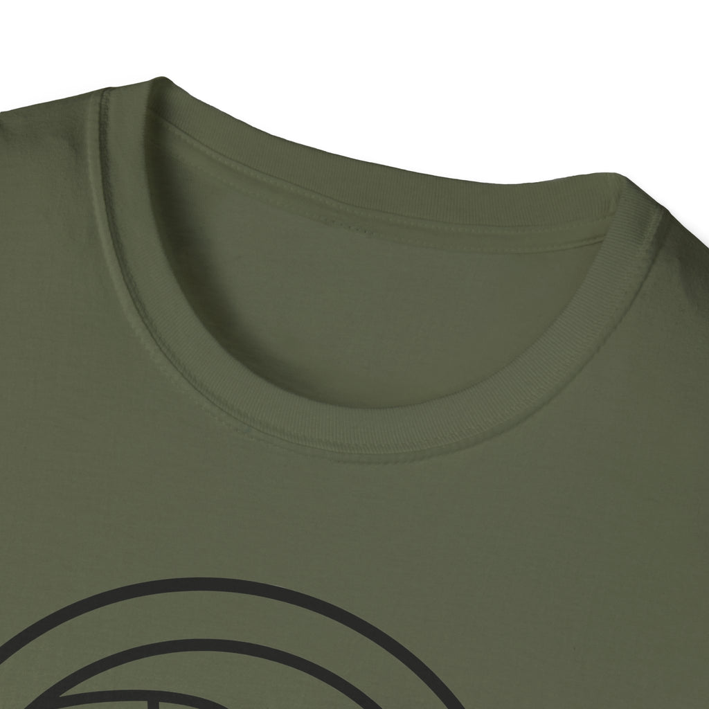 Olive green crewneck T-shirt with black circular patriotic graphic, partial view