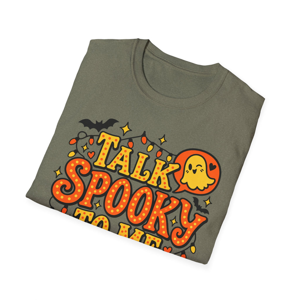 Olive green Halloween ghost graphic T-shirt with “Talk Spooky” lettering and candy lights