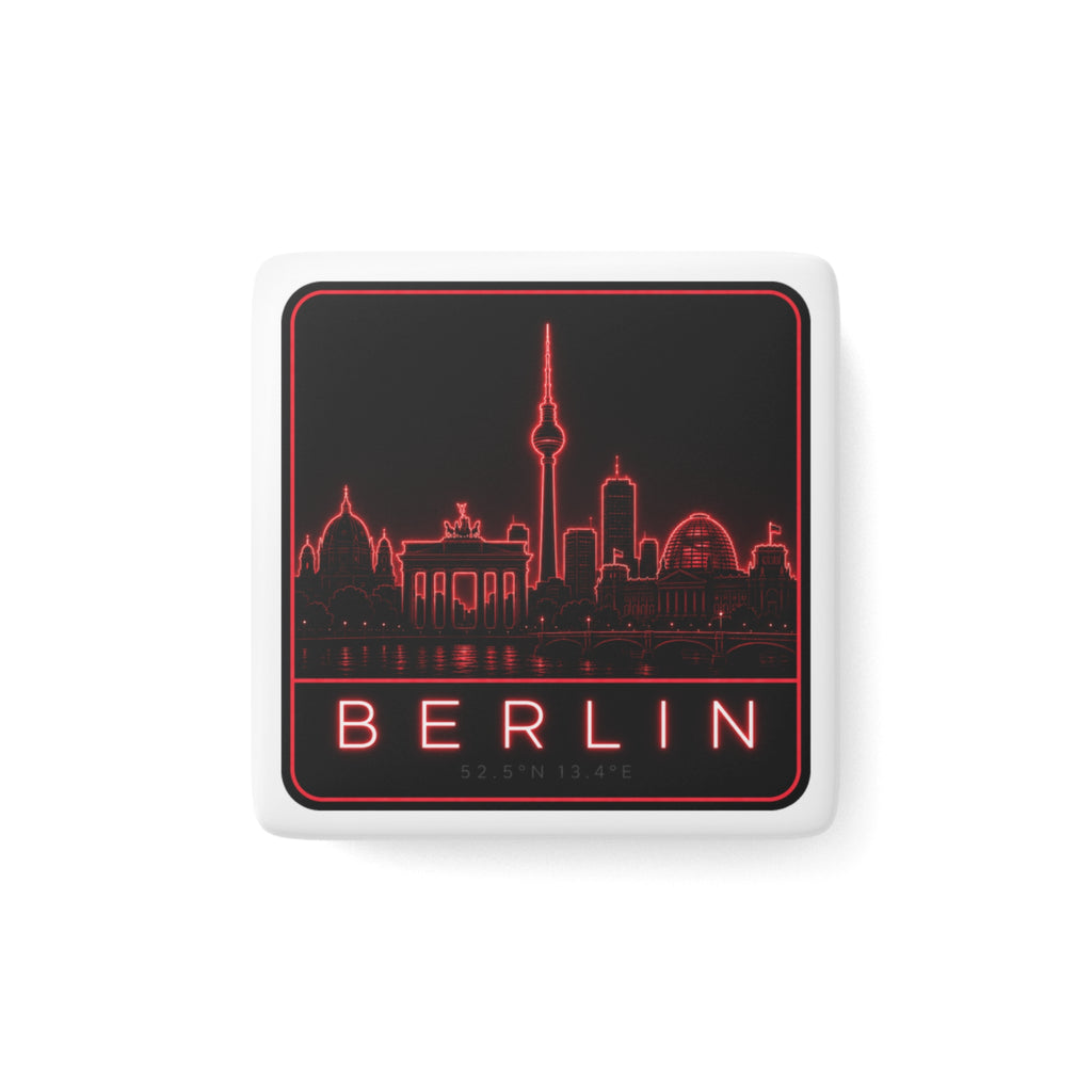 White square porcelain fridge magnet with red neon Berlin skyline and BERLIN text