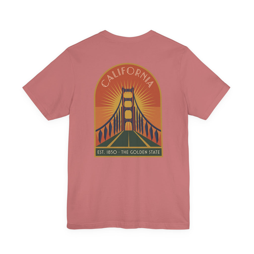 Pink T-shirt with California Golden Gate Bridge sunset graphic on chest