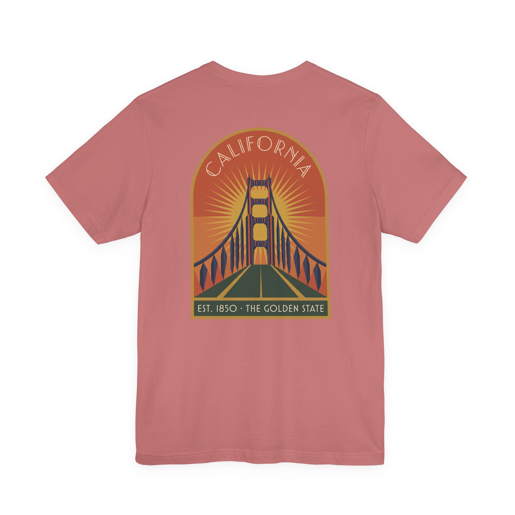 Pink T-shirt with California Golden Gate Bridge sunset graphic on chest