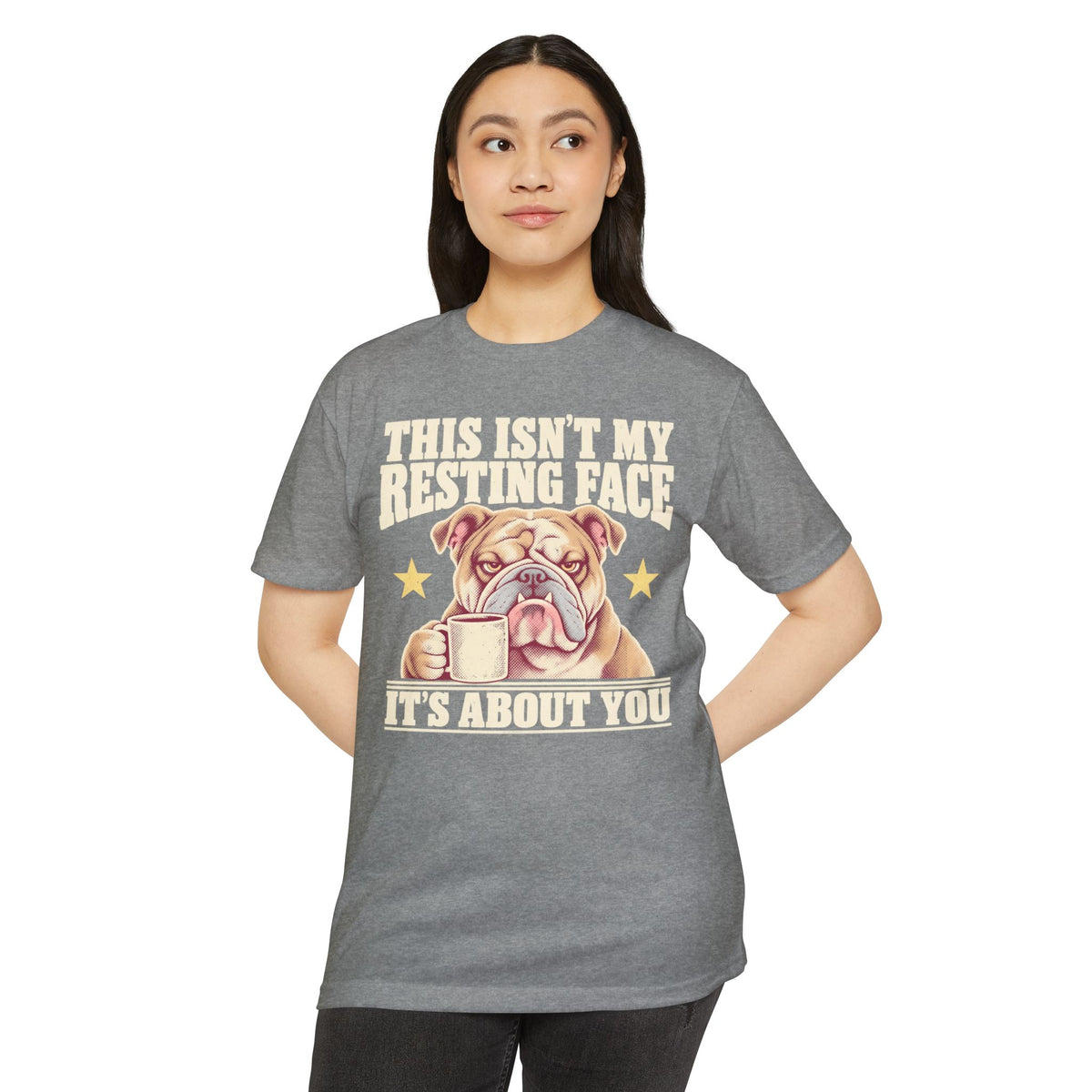 Gray t-shirt with bulldog coffee mug graphic and “IT’S ABOUT YOU” text on front