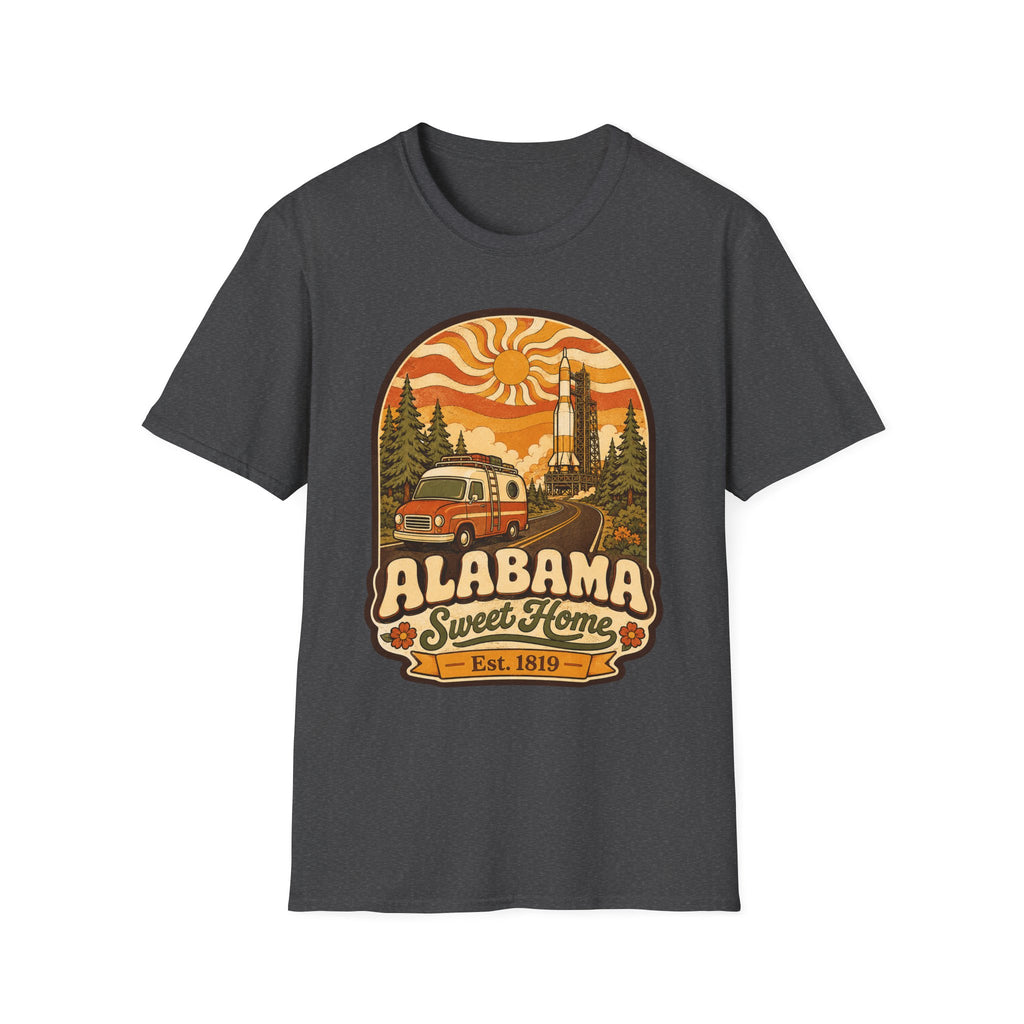 Unisex dark gray T-shirt with Alabama Sweet Home vintage camper graphic