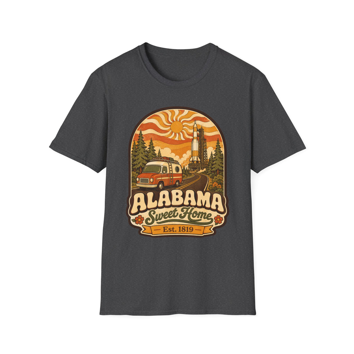Unisex dark gray T-shirt with Alabama Sweet Home vintage camper graphic