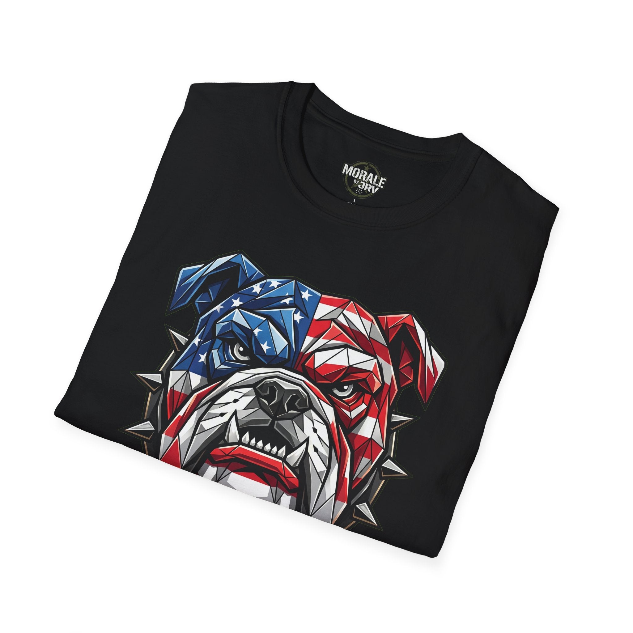 T-shirt nera con bulldog in stile geometrico bandiera USA blu e rossa