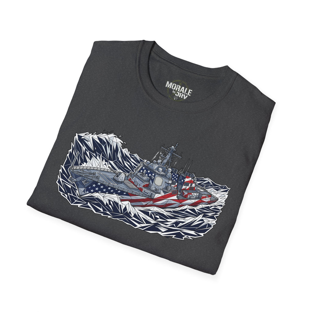 Charcoal T-shirt with battleship and American flag graphic on front