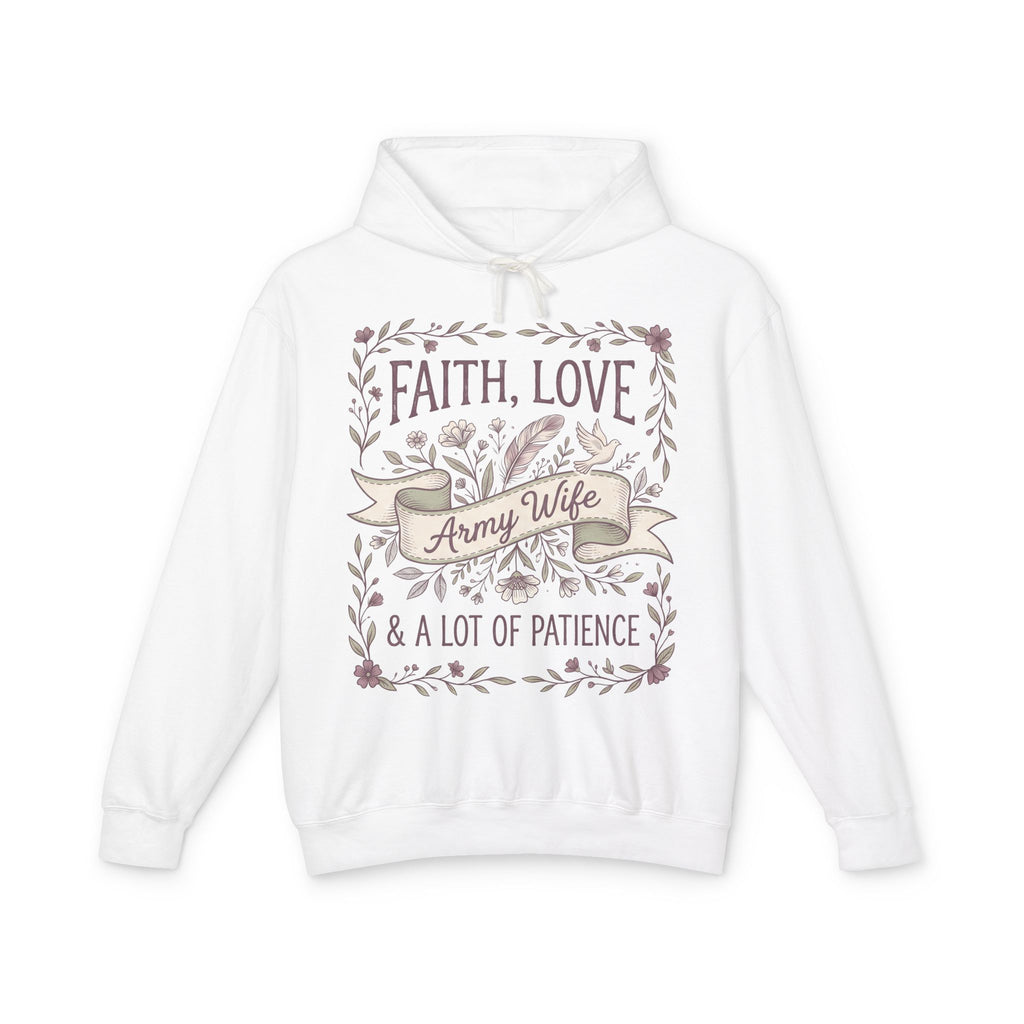 White hoodie with 'FAITH, LOVE' military wife floral graphic and front pouch