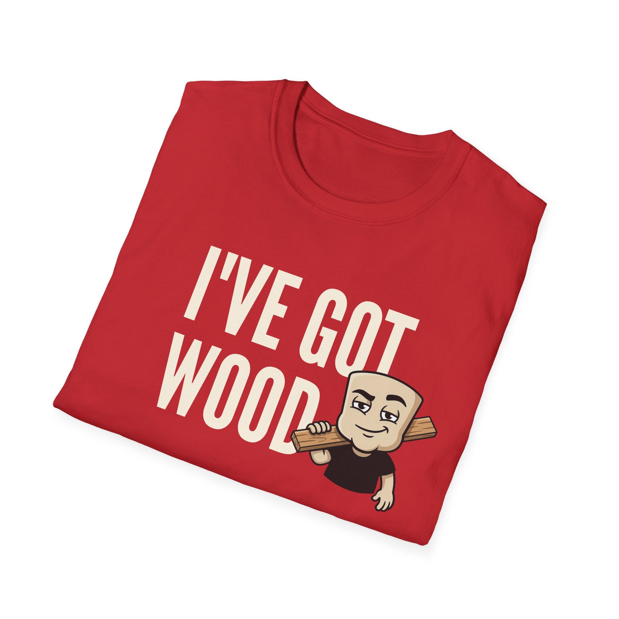 Red T-shirt with "I've Got Wood" graphic and cartoon woodworker holding a tool.