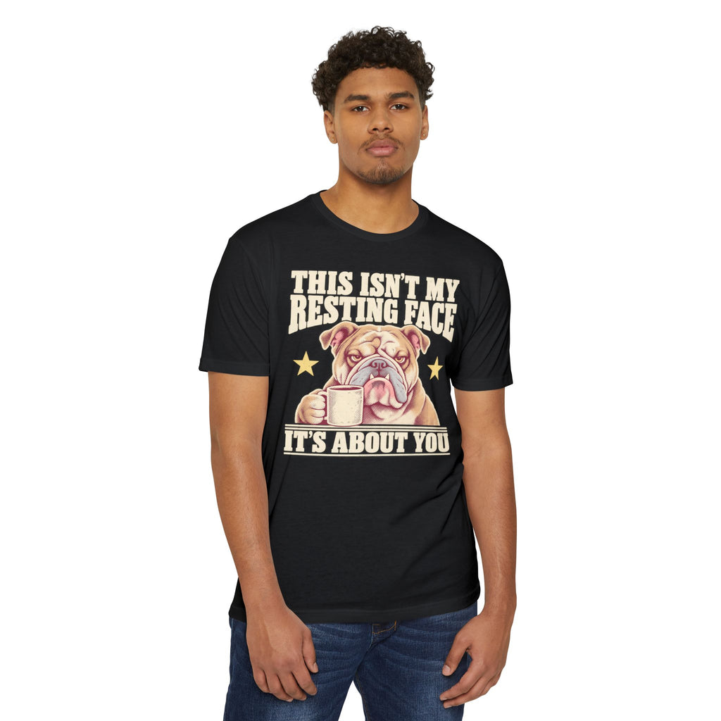 Black crewneck t-shirt with grumpy bulldog graphic and “It’s about you” text