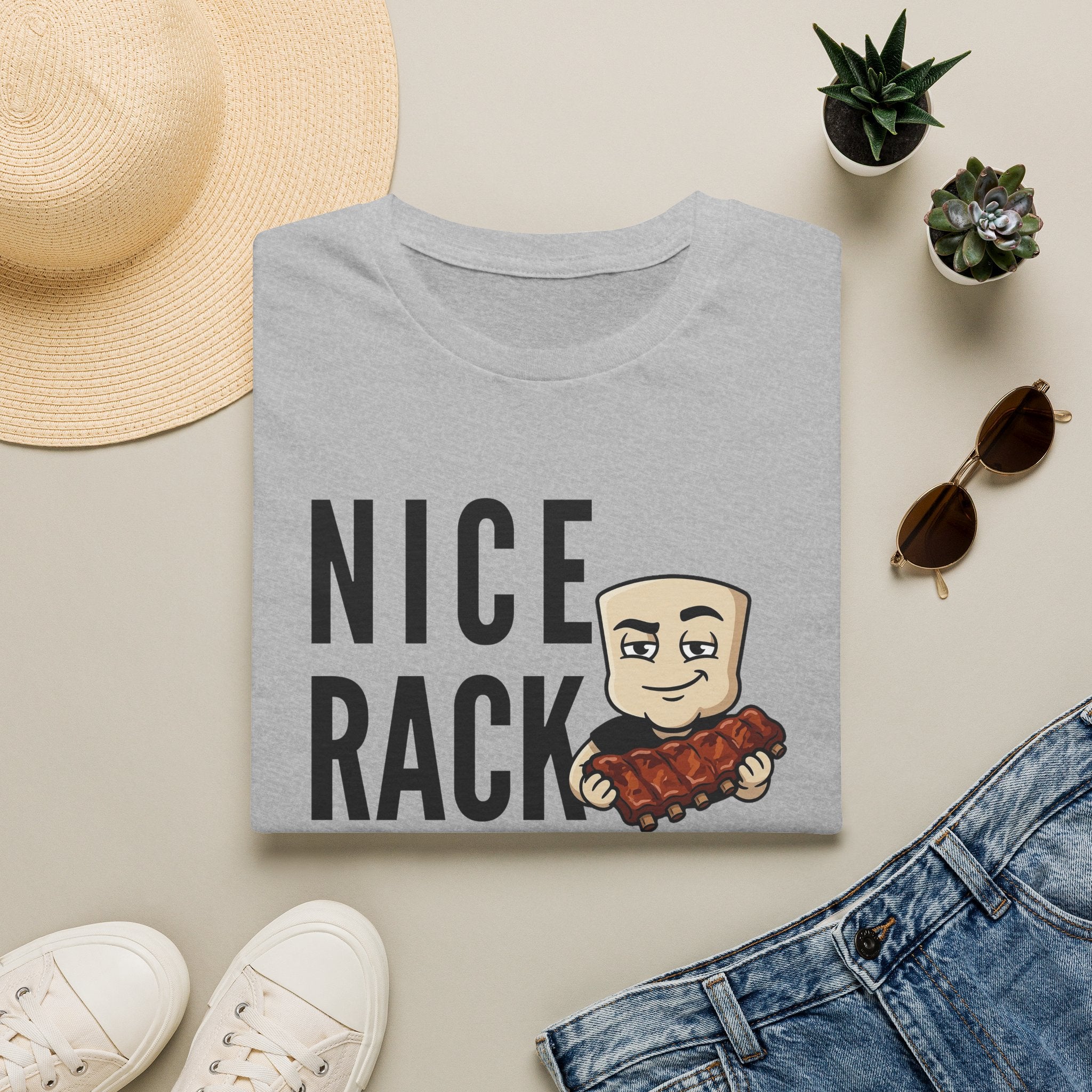 Light gray T-shirt with bold “Nice Rack” letters and cartoon BBQ ribs graphic