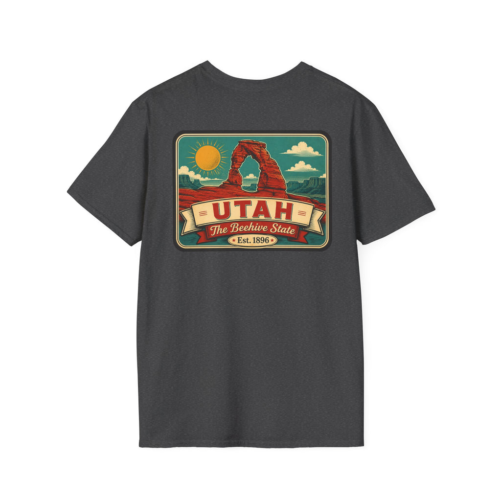 Charcoal crewneck T-shirt with Utah travel badge graphic on the front