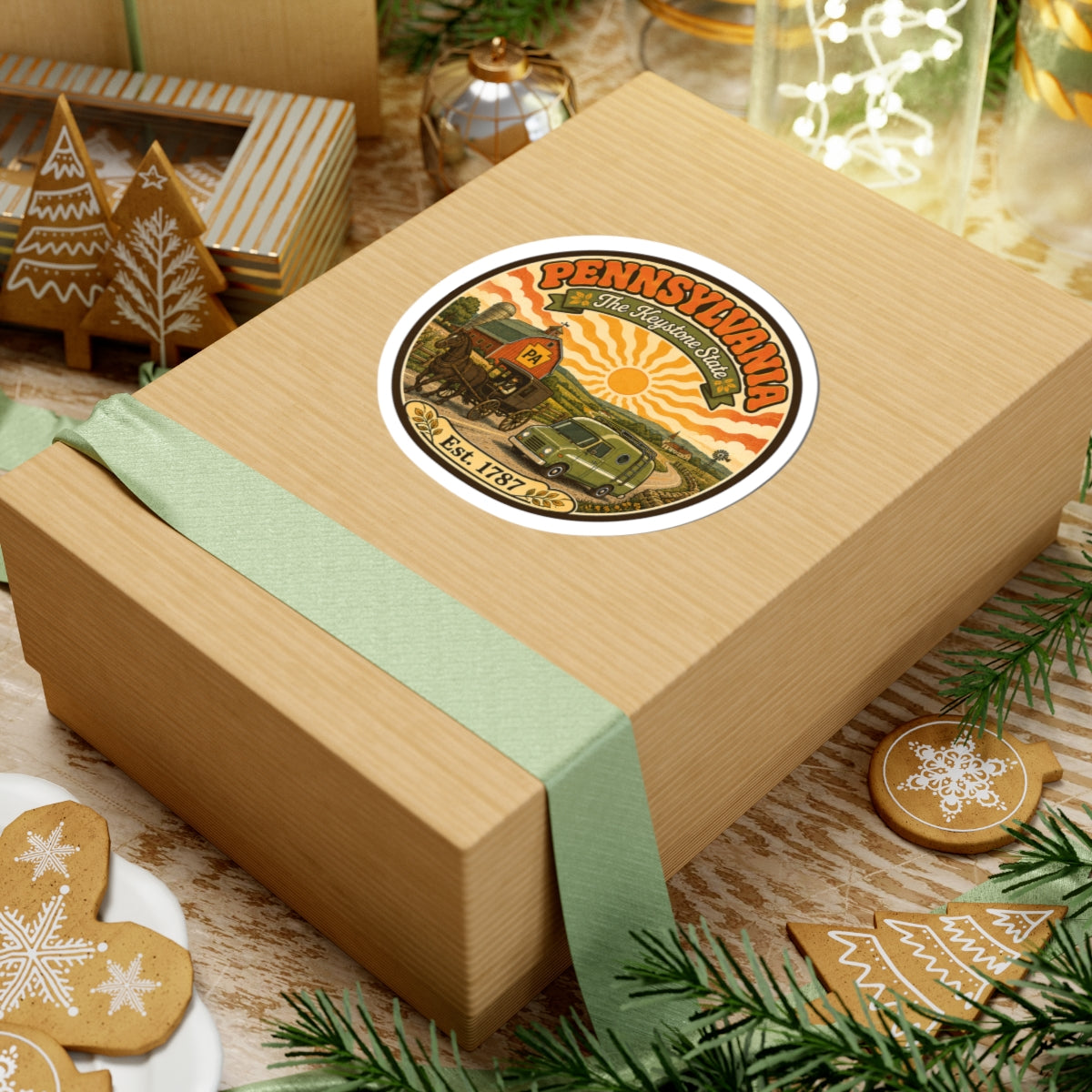 Pennsylvania round sticker on gift box with retro van, barn, sun rays, and Est. 1787.