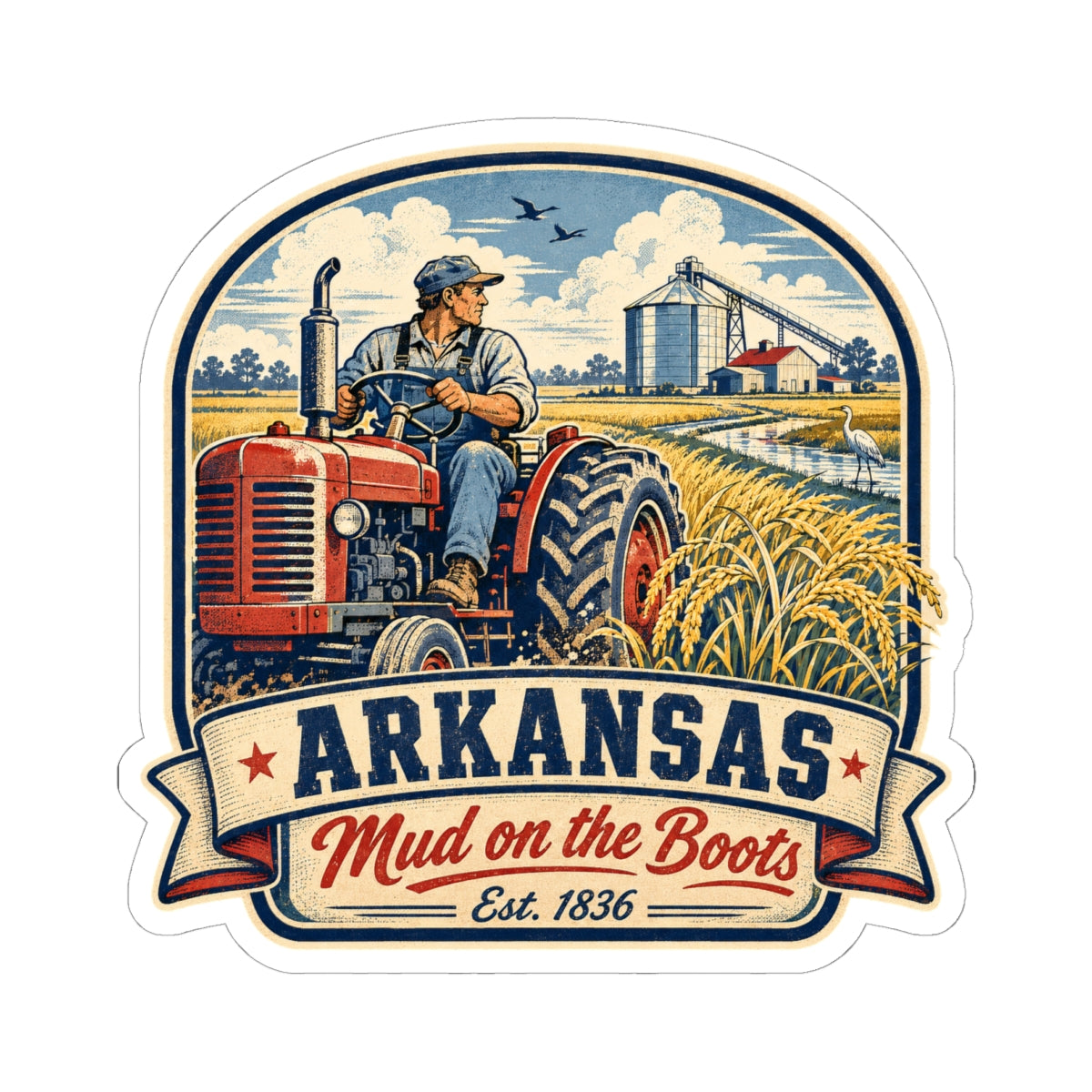 Kiss-cut sticker featuring an illustrated tractor scene and Arkansas “Mud on the Boots” ribbon