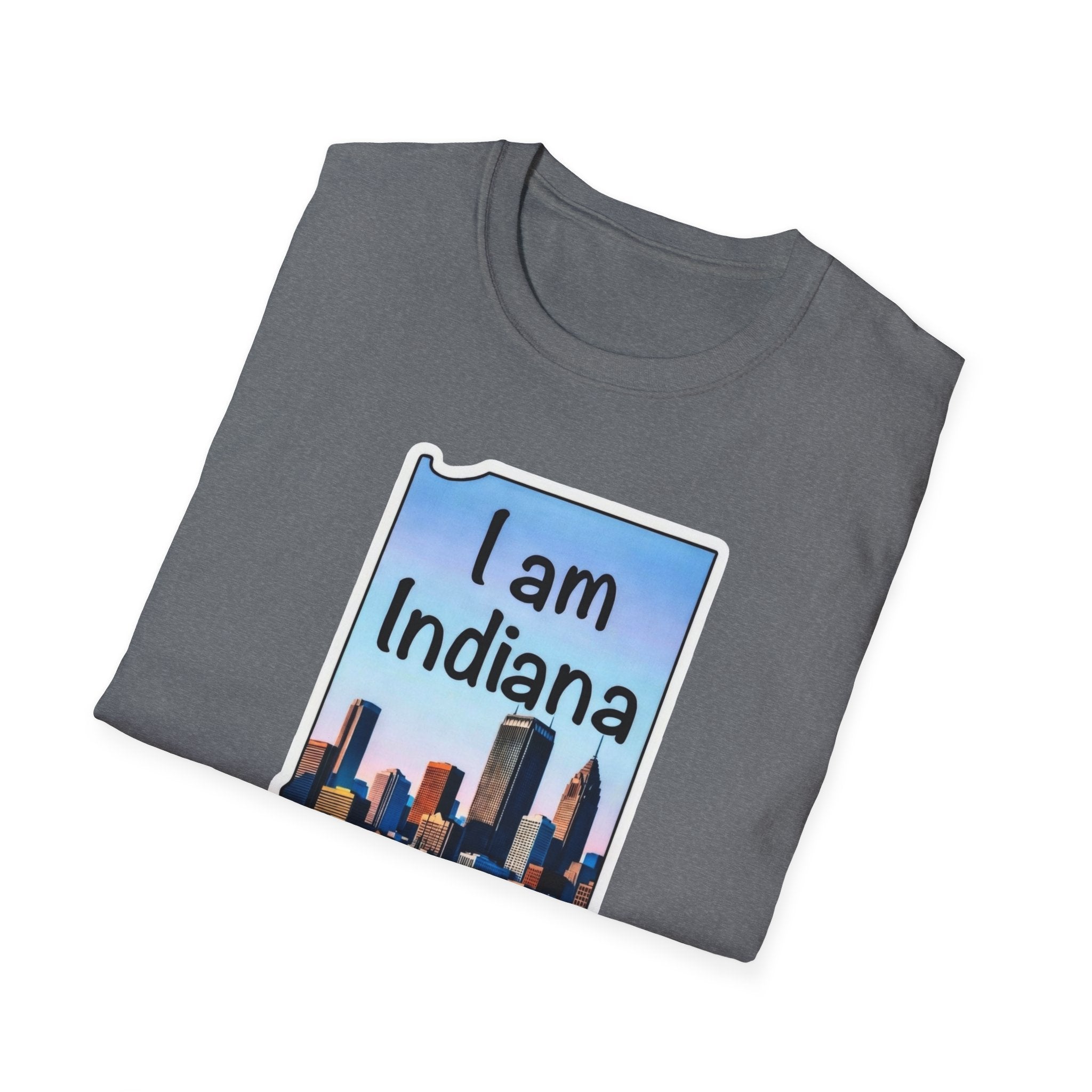 Dark heather T-shirt with framed “I am Indiana” skyline graphic