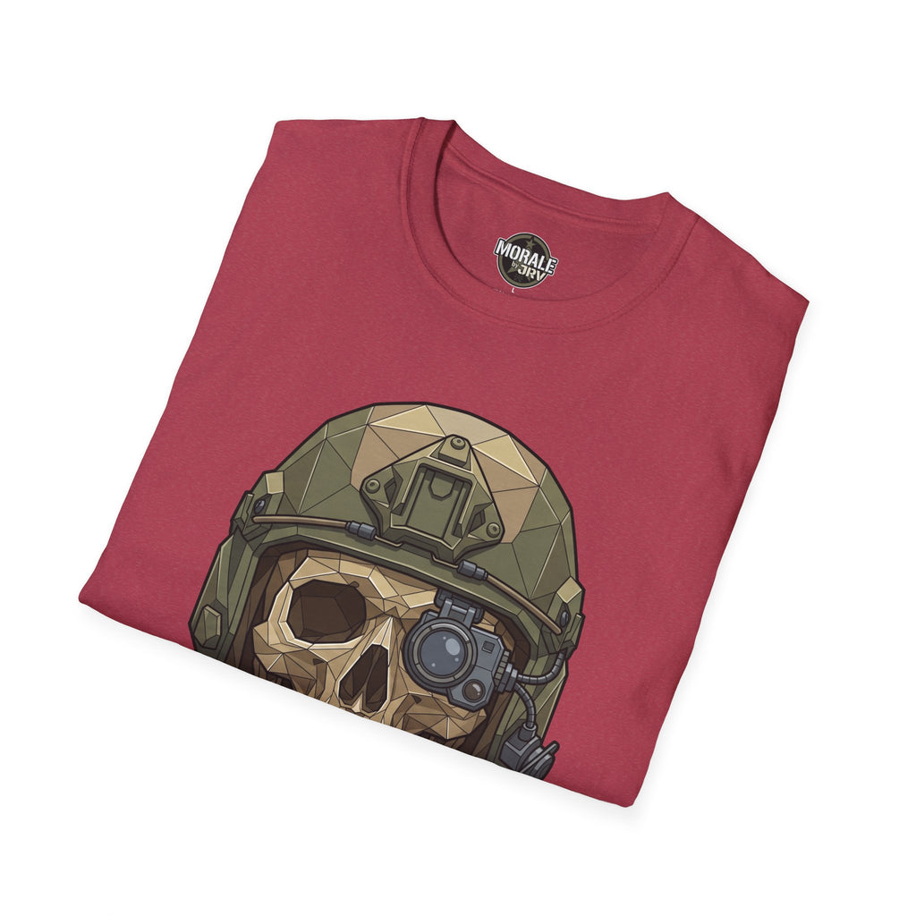 Camiseta táctica burdeos con gráfico de casco de calavera y cuello redondo