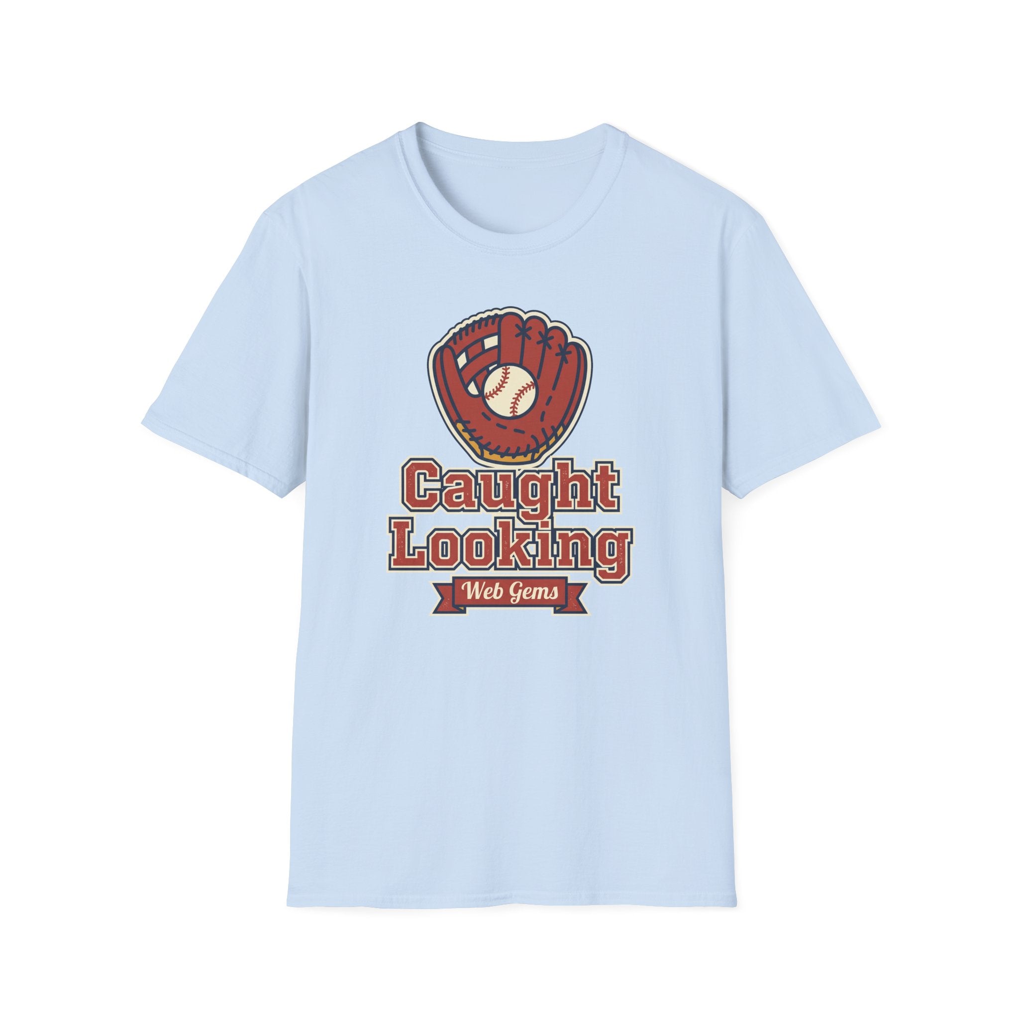 Light blue baseball T-shirt with front glove graphic and 'Caught Looking' text